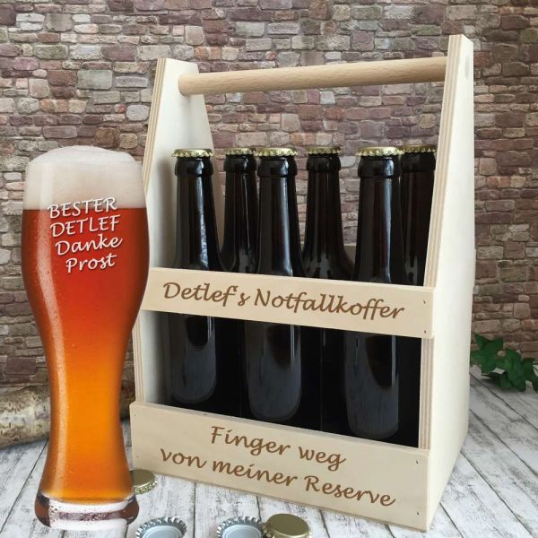 Weissbierglas + Herrenhandtasche graviert