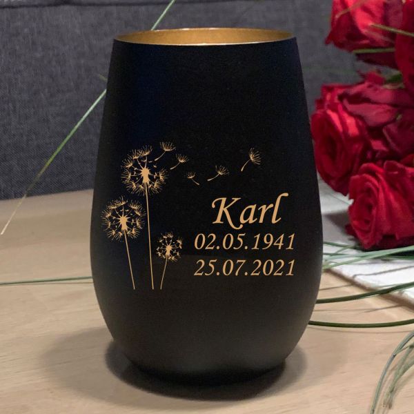Besonderes Kerzenglas mit "Pusteblume" + Text